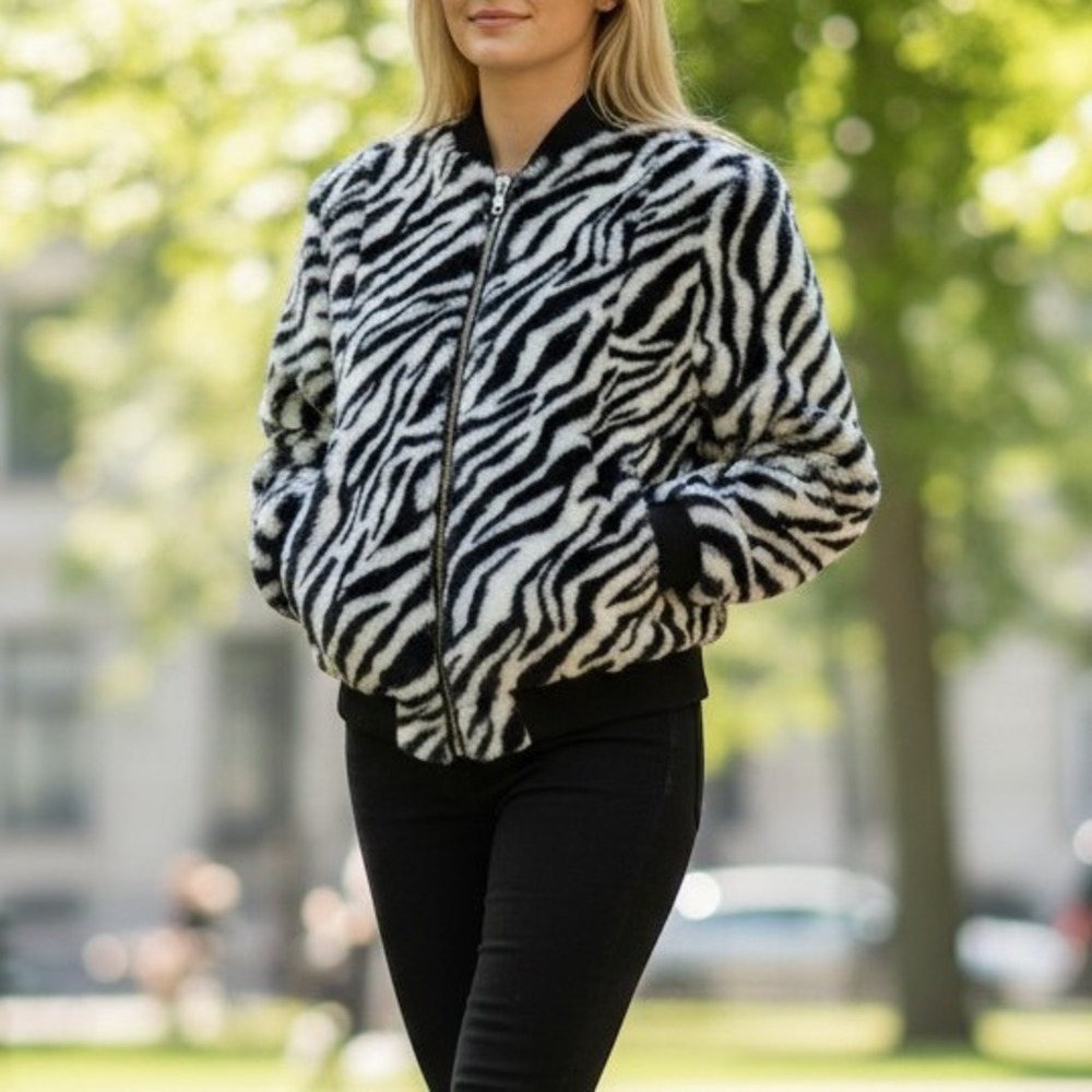 Chaser Zebra Print  Faux Fur Bomber‎ Jacket Black White Women  Size Small